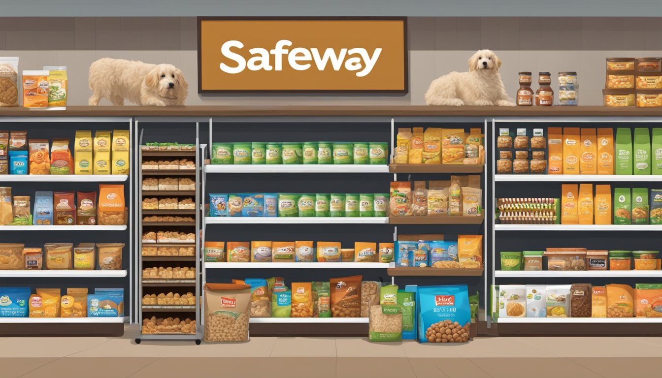 A display of dog food and pet supplies at Safeway, with shelves stocked with various brands and types of food, treats, toys, and accessories