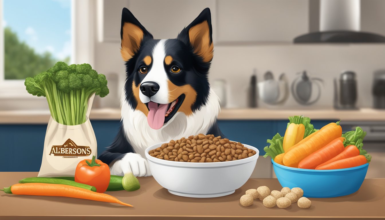 A happy dog eagerly eats a bowl of Albertsons dog food, surrounded by fresh vegetables and a bag of high-quality kibble