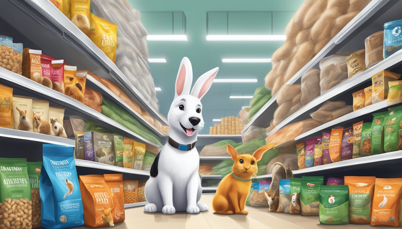 A variety of small and alternative pets, such as rabbits, birds, and reptiles, are surrounded by bags of Safeway dog food in a pet store aisle