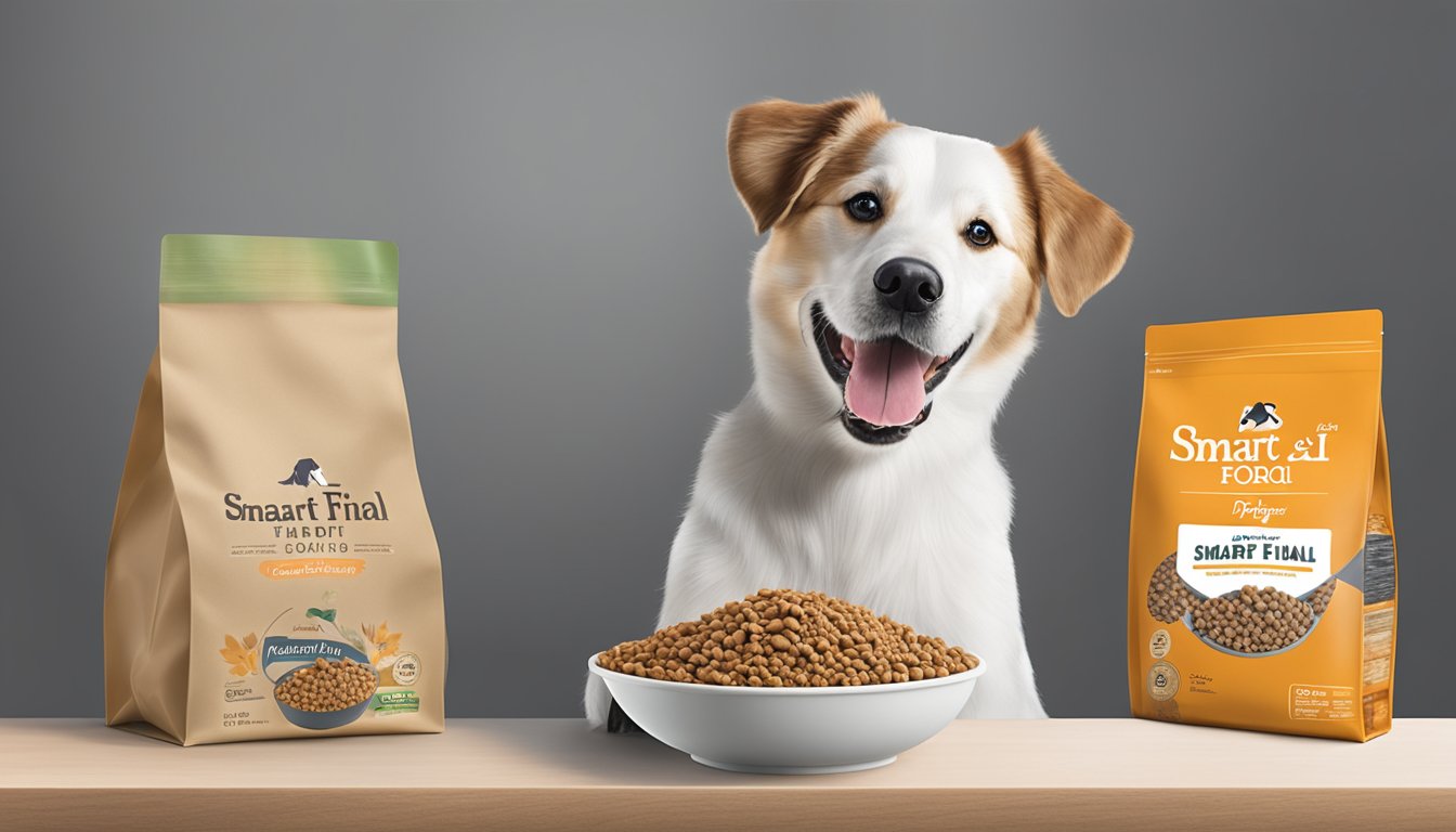 A dog happily eating from a bowl of Smart & Final dog food, with a bag of the product in the background