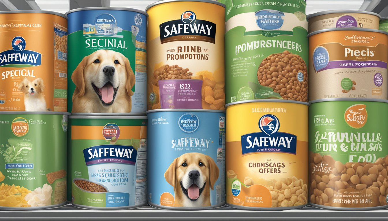 A display of Safeway dog food cans and bags with "Special Offers and Promotions" signage