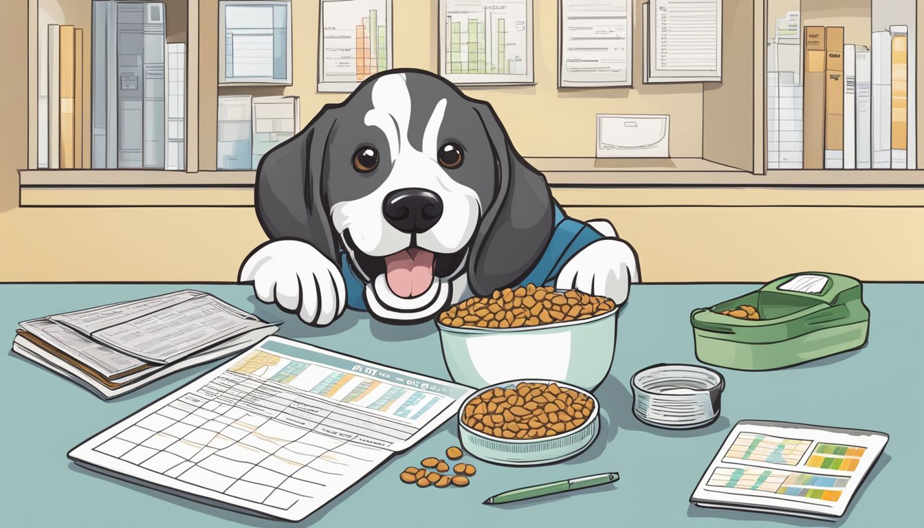 A dog happily eats Albertsons dog food from a bowl next to a budget spreadsheet and calculator