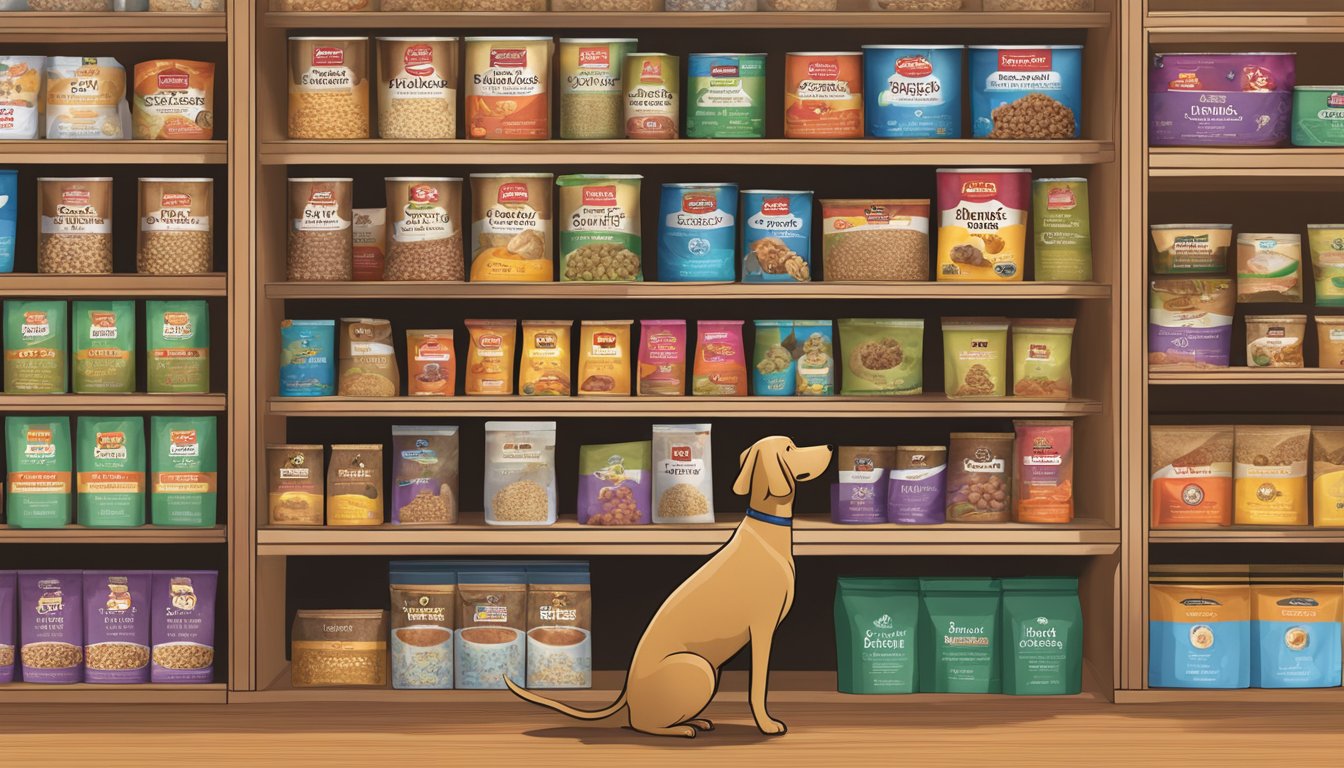 A dog standing in front of a shelf filled with Smart & Final dog food, looking at the various options available