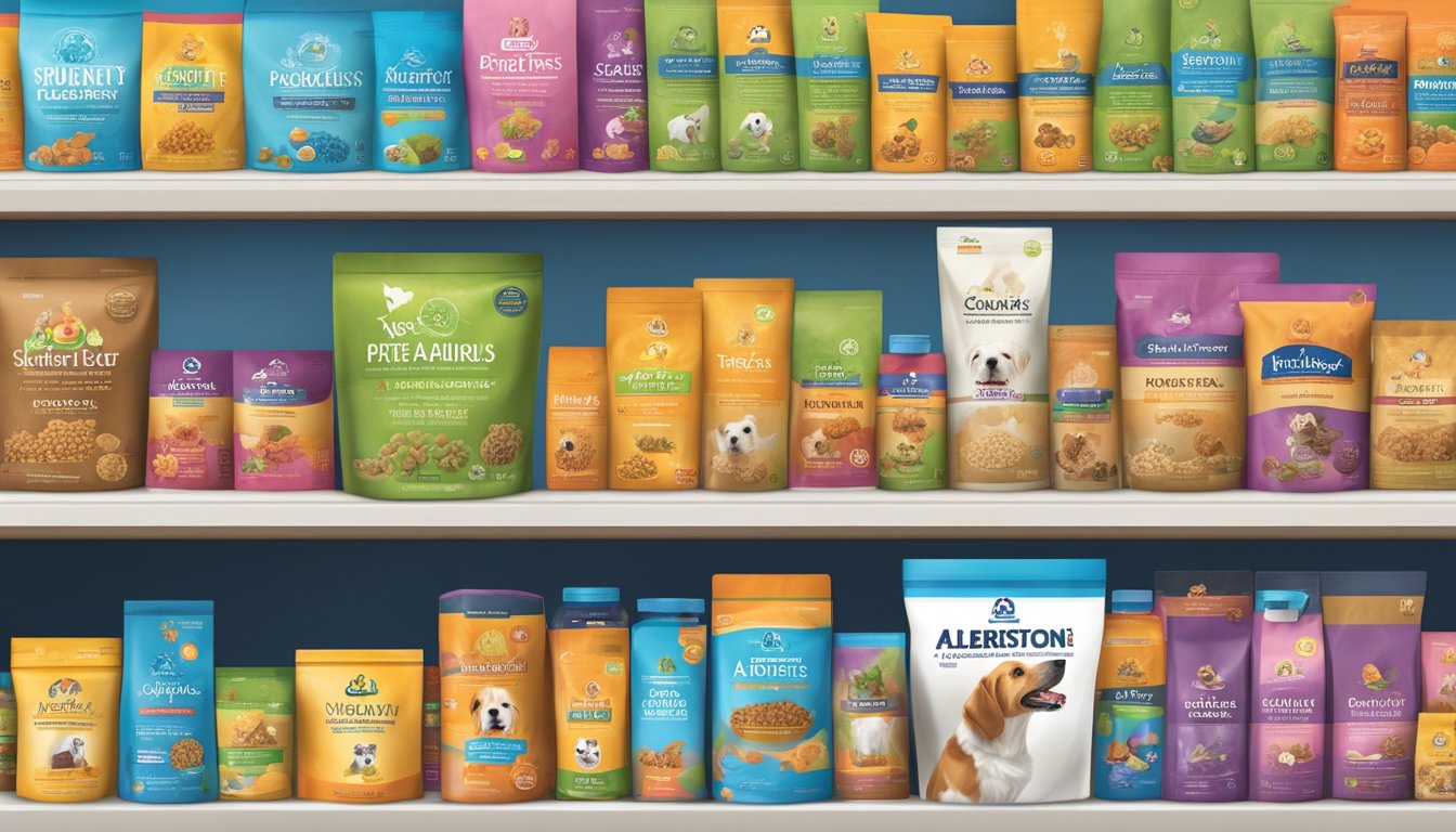 A variety of pet care products displayed on shelves, including Albertsons dog food, with colorful packaging and different sizes