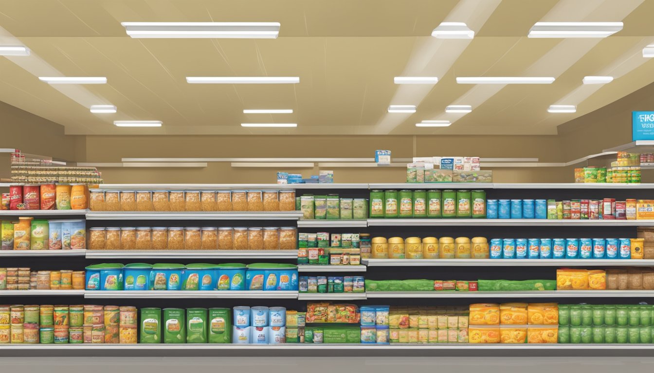 Aisle of Ingles Markets with shelves of dog food cans and bags