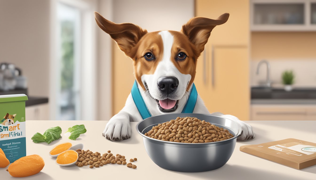 A happy dog eating from a bowl of Smart & Final dog food with a feeding guide and portion recommendations visible in the background