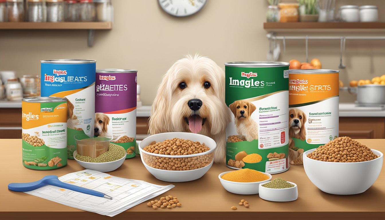 A table with cans of Ingles Markets dog food, surrounded by measuring cups and nutritional charts