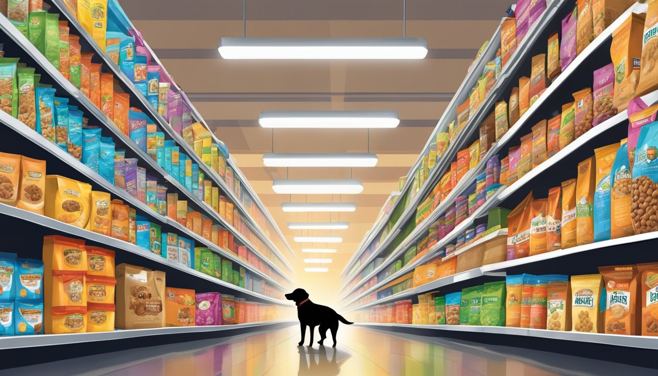 A dog eagerly sniffs bags of dog food on the shelves at Ingles Markets. The aisles are filled with colorful packaging and bright overhead lights