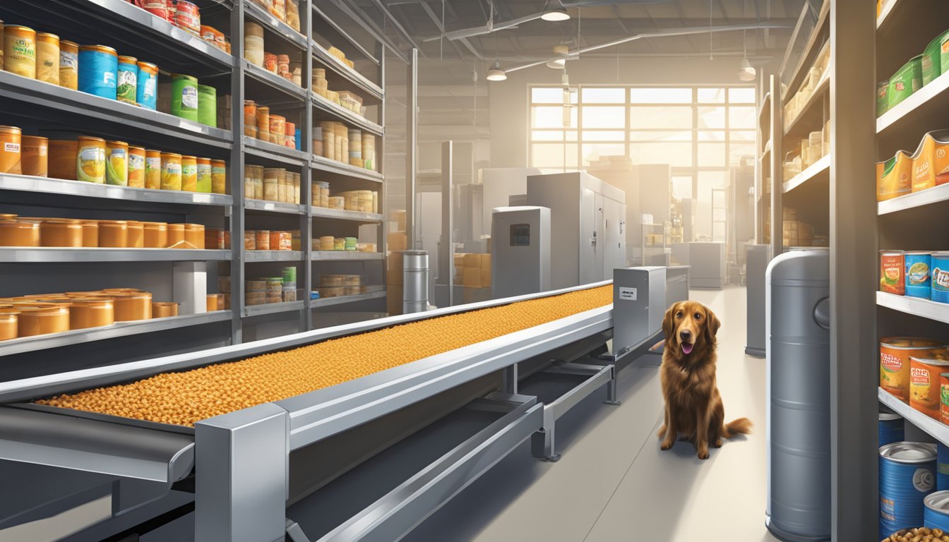 A conveyor belt moves cans of Ingles Markets dog food through a safety inspection station in a brightly lit warehouse