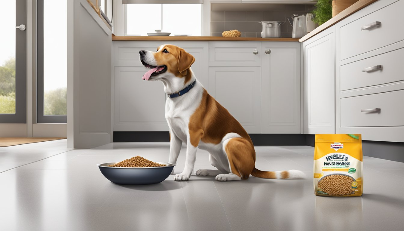 A dog happily eating Ingles Markets dog food from a bowl on a clean kitchen floor