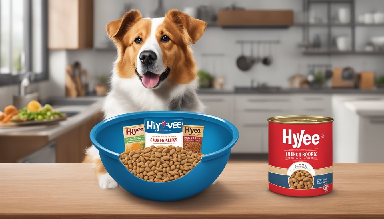 A dog sitting next to a bowl of Hy-Vee dog food, with a background showing the history of the company through various images and logos