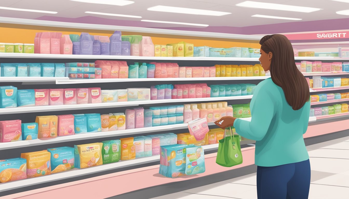 A woman browsing feminine care and incontinence products at ShopRite, with options for health and payment flexibility