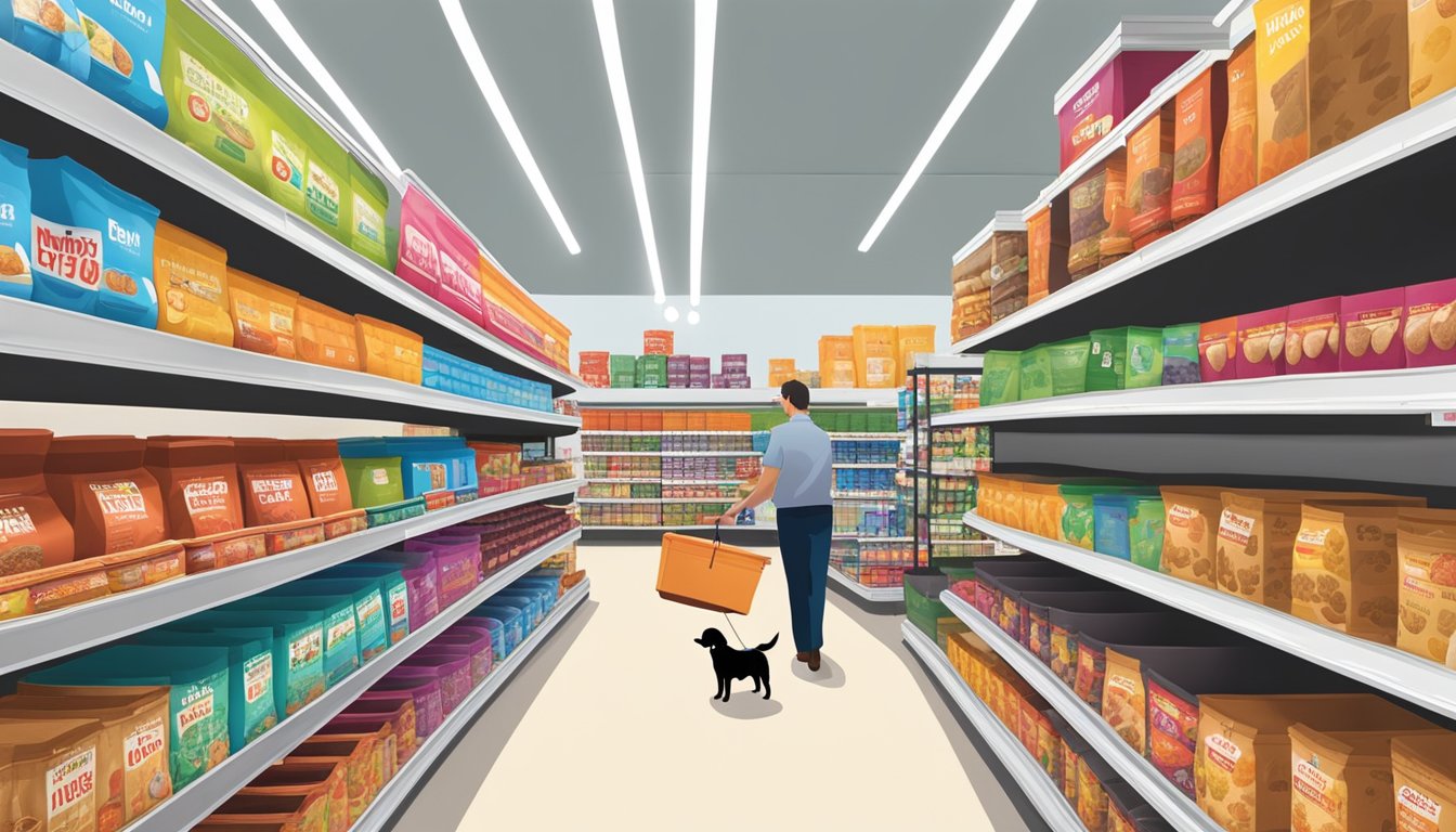 Aisle with colorful bags of Hy-Vee dog food, shelves neatly stocked, bright overhead lighting, and a friendly employee assisting a customer