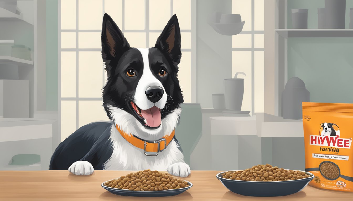 A dog happily eating from a bowl of Hy-Vee brand dog food, with a bag of the same food in the background