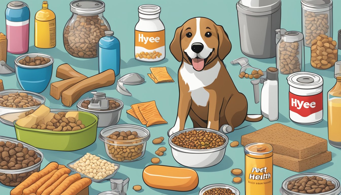 A happy dog eating Hy-Vee pet food while surrounded by pet health and safety items