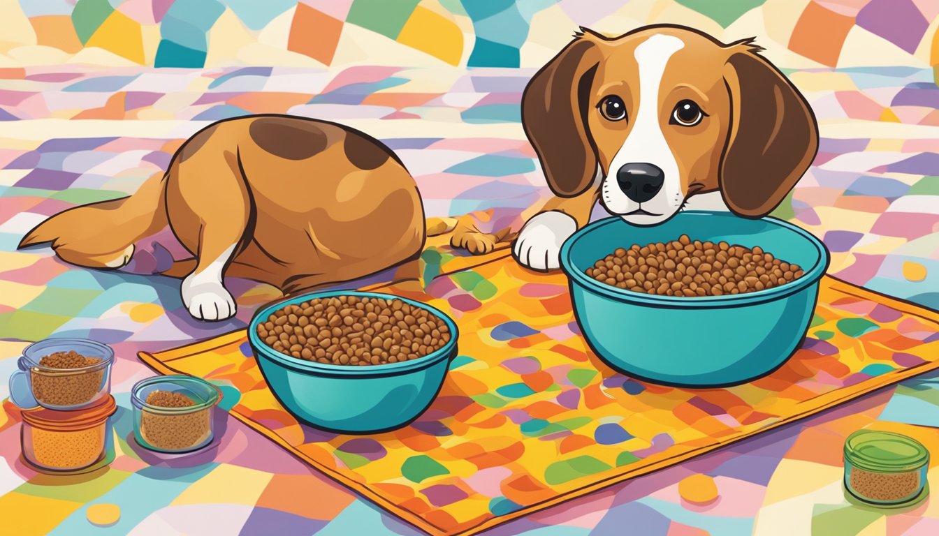 A happy dog eating Specialty Products Ralphs dog food from a bowl on a colorful, patterned mat