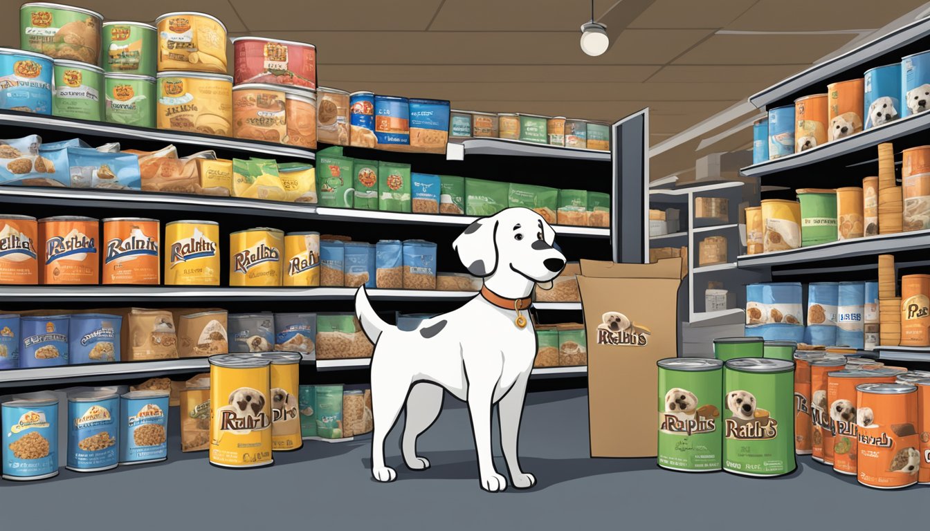 A dog standing in front of a display of Ralph's dog food cans and bags at a pet store