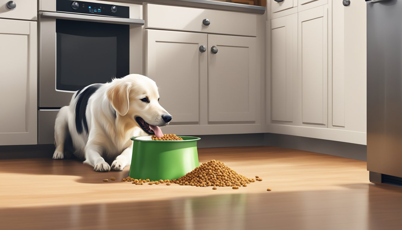 A happy dog eagerly eating Ralphs dog food from a clean, colorful bowl on a clean kitchen floor