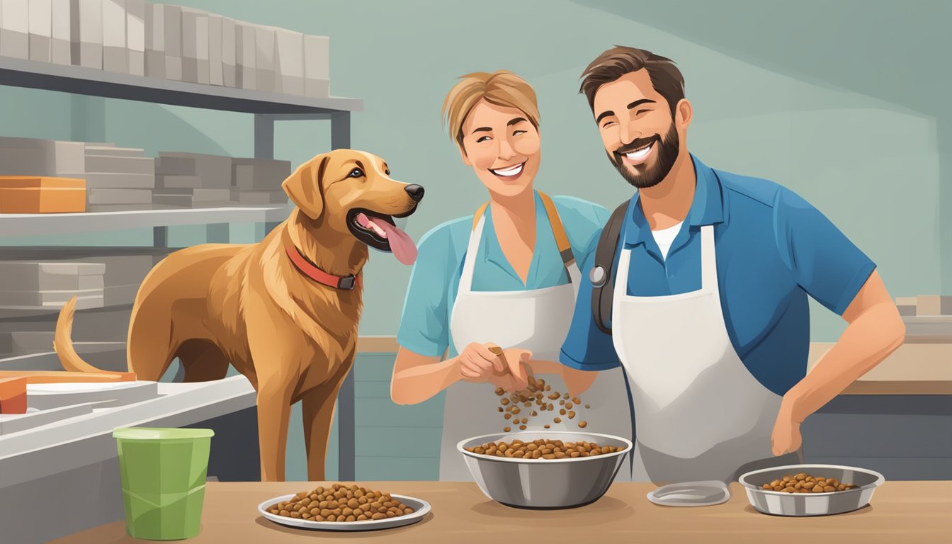 A happy dog eating from a bowl of Hy Vee dog food while a customer care representative smiles and offers assistance