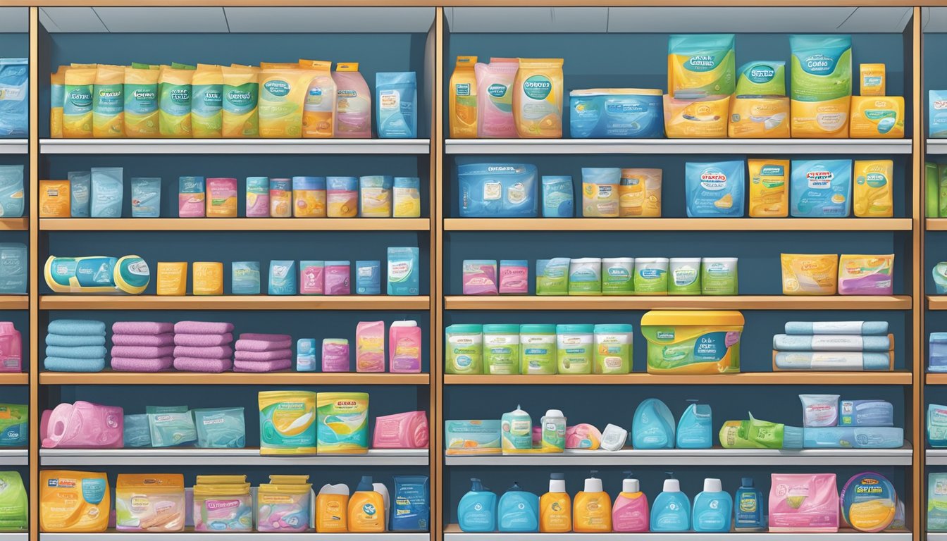 A display of various cleaning and home care pads arranged neatly on shelves at Smart & Final