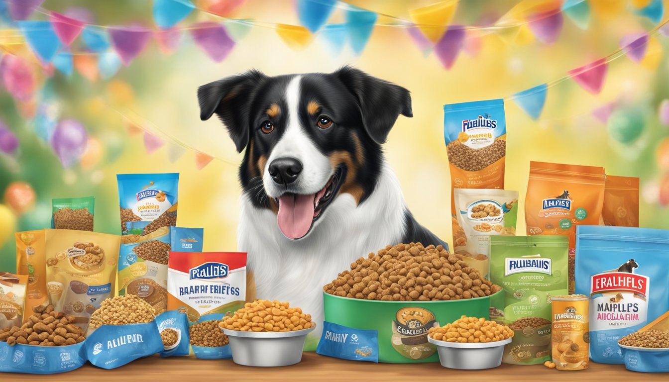 A happy dog eating Ralphs dog food while surrounded by promotional banners and event decorations