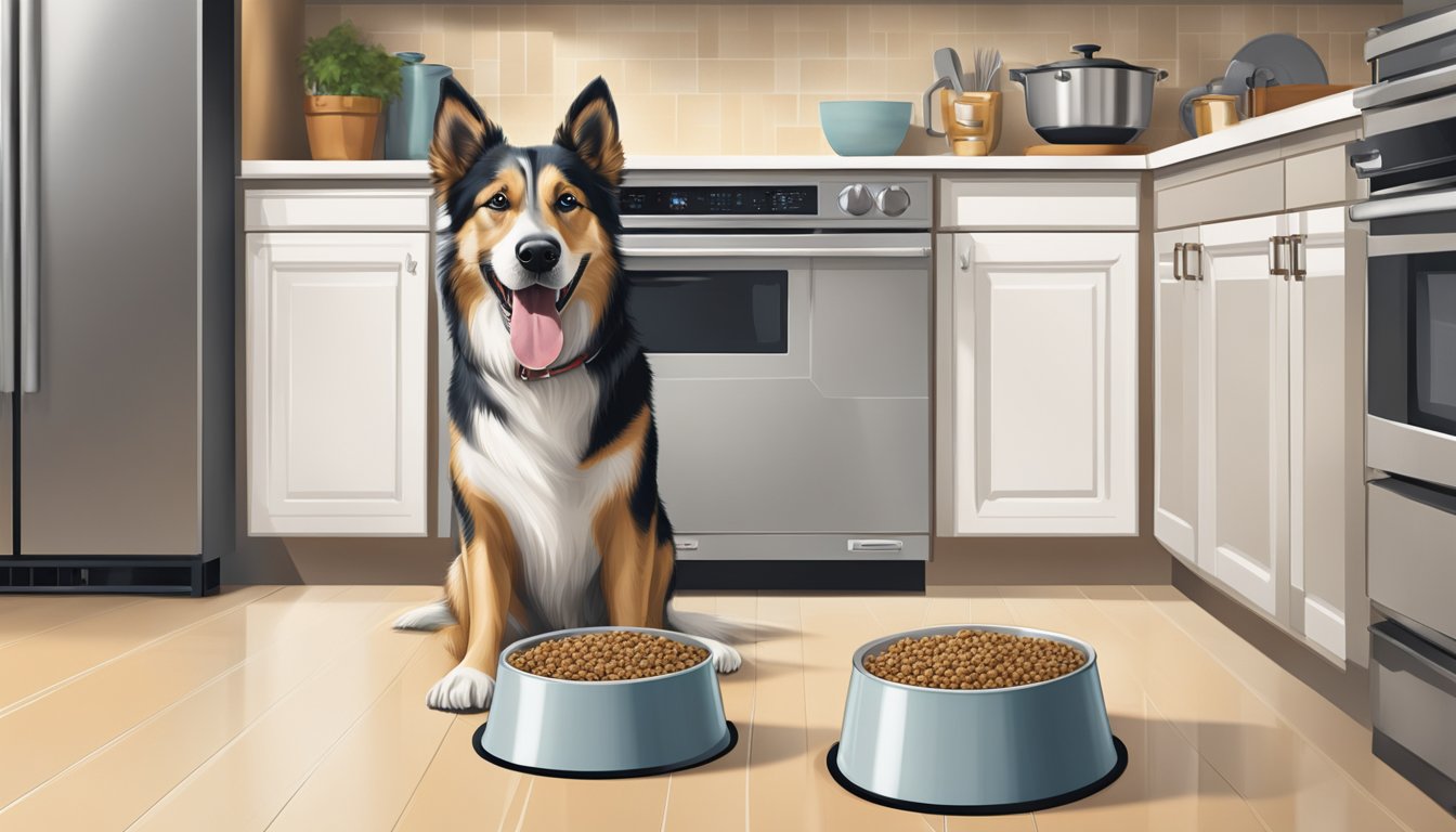 A happy dog eagerly eating Meijer dog food from a bowl on a clean kitchen floor