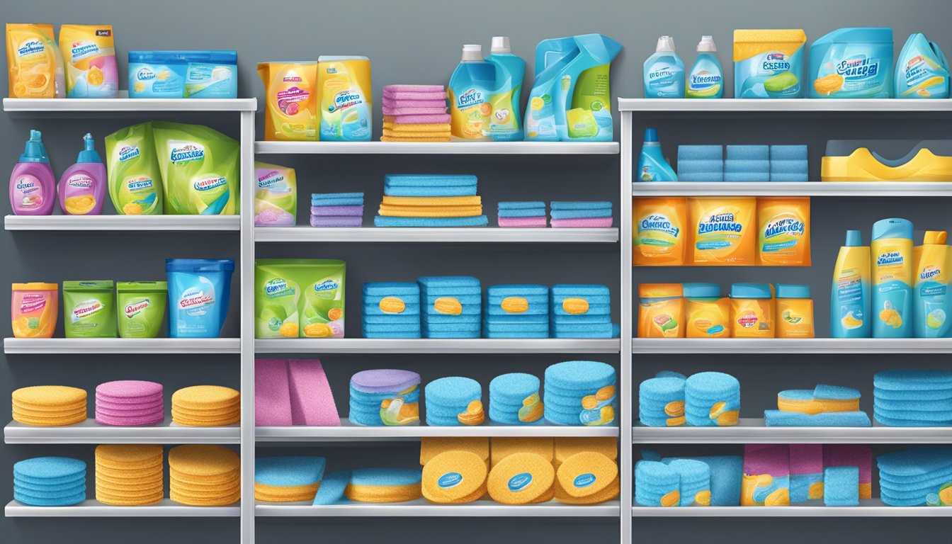 A variety of cleaning pads neatly arranged on shelves at Smart Final, with bright packaging and different sizes and textures