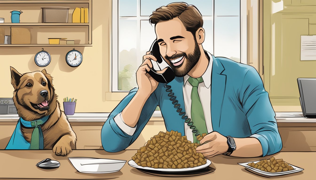 A happy dog eating Ralph's dog food while a customer service representative assists a client on the phone