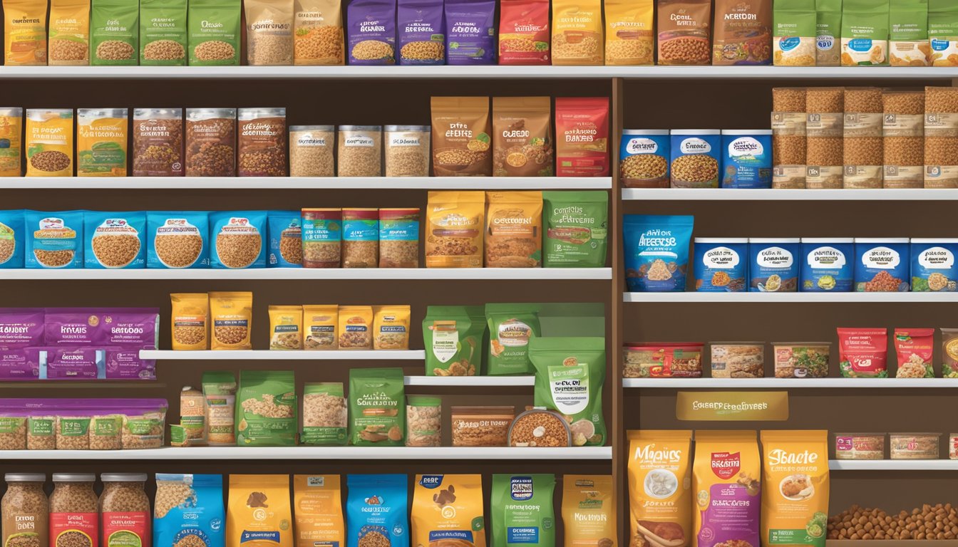 A wide variety of Meijer dog food options displayed on shelves with colorful packaging and different flavors