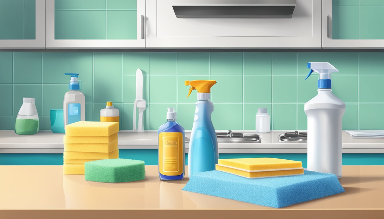 A kitchen counter with a stack of cleaning pads next to a bottle of cleaning solution and a sponge, all neatly arranged