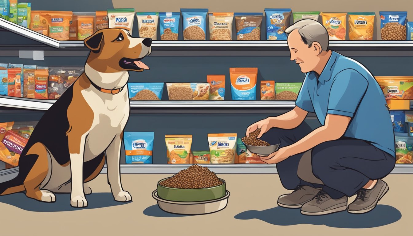 A dog eagerly eats from a bowl of Meijer dog food while a concerned owner looks at the packaging