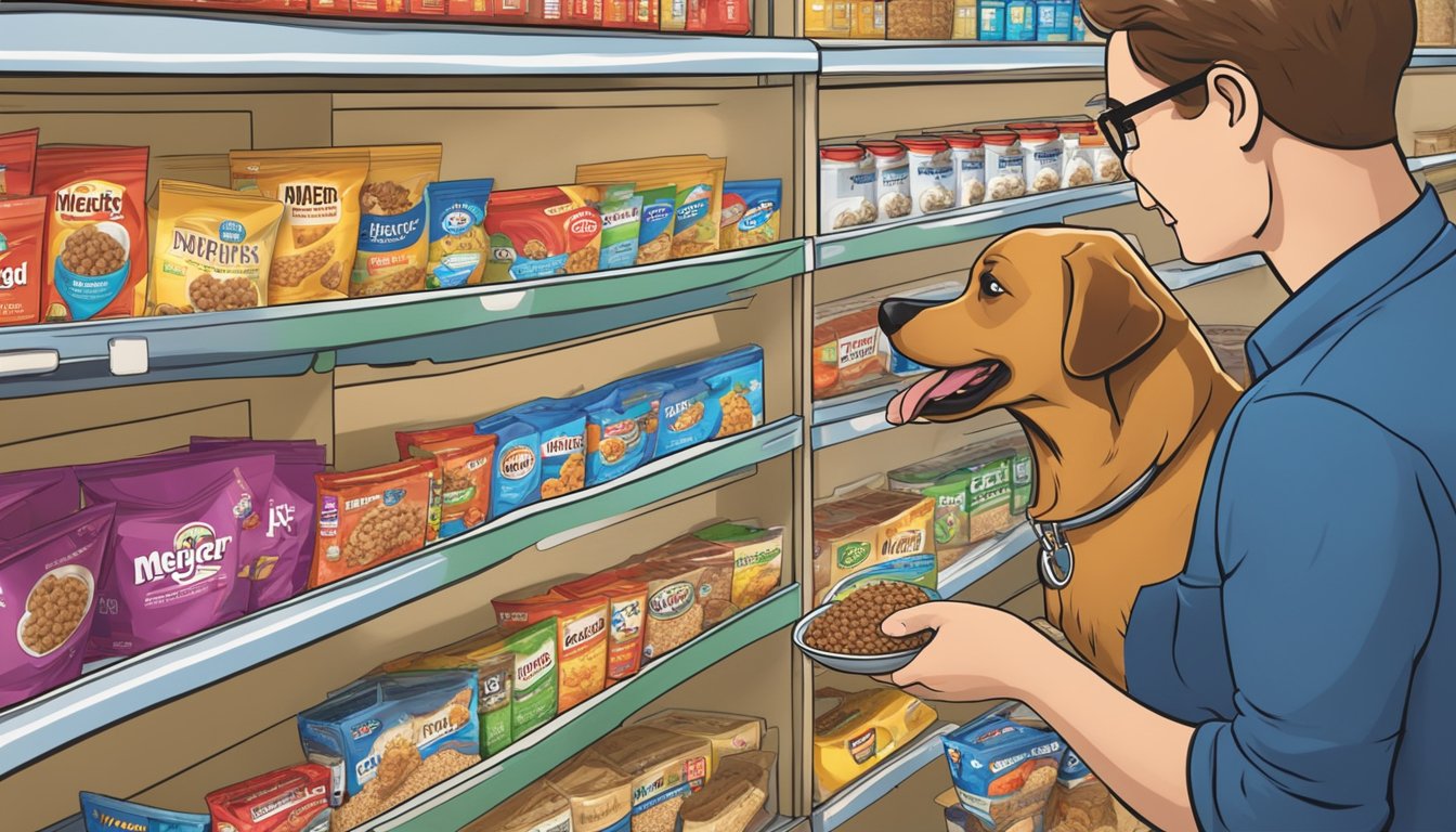 A happy dog eagerly eats from a full bowl of Meijer brand dog food, while a person places more bags of dog food onto a store shelf