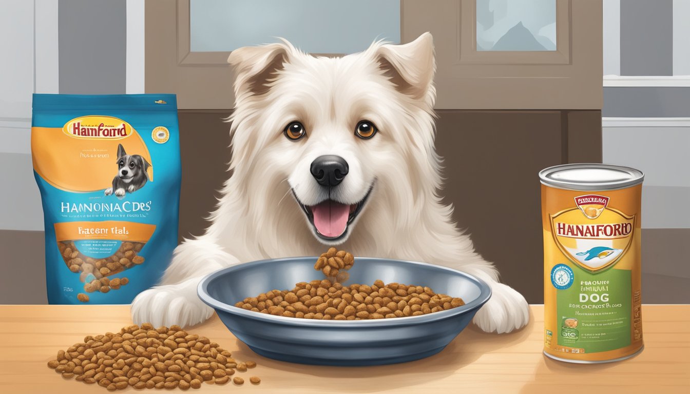 A dog eagerly eating from a bowl of Hannaford dog food with a wagging tail and bright eyes