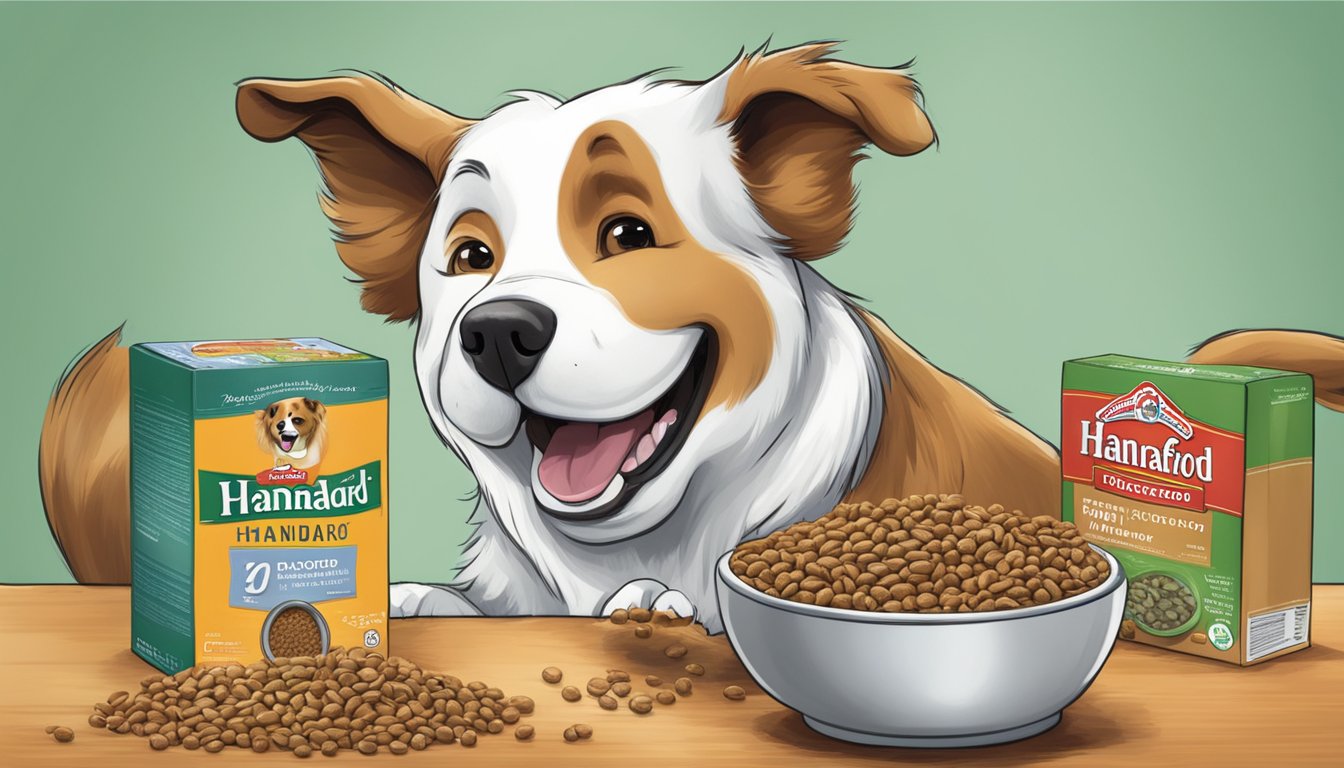 A happy dog eagerly eating from a bowl of Hannaford brand dog food