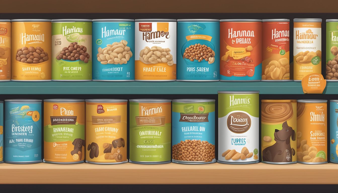 A variety of dog food cans and bags, featuring different types and flavors, are neatly arranged on a shelf at Hannaford