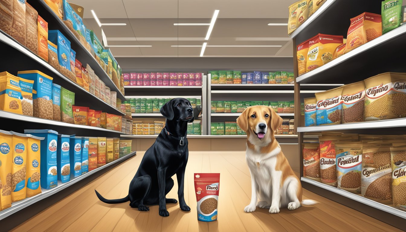 A dog standing next to a large bag of Giant Eagle dog food, with a variety of dog food options displayed on shelves in the background