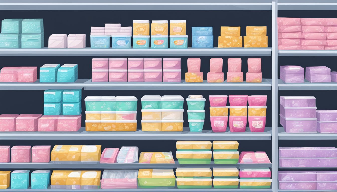 A shelf stocked with various feminine care pads in a Lucky Supermarkets aisle