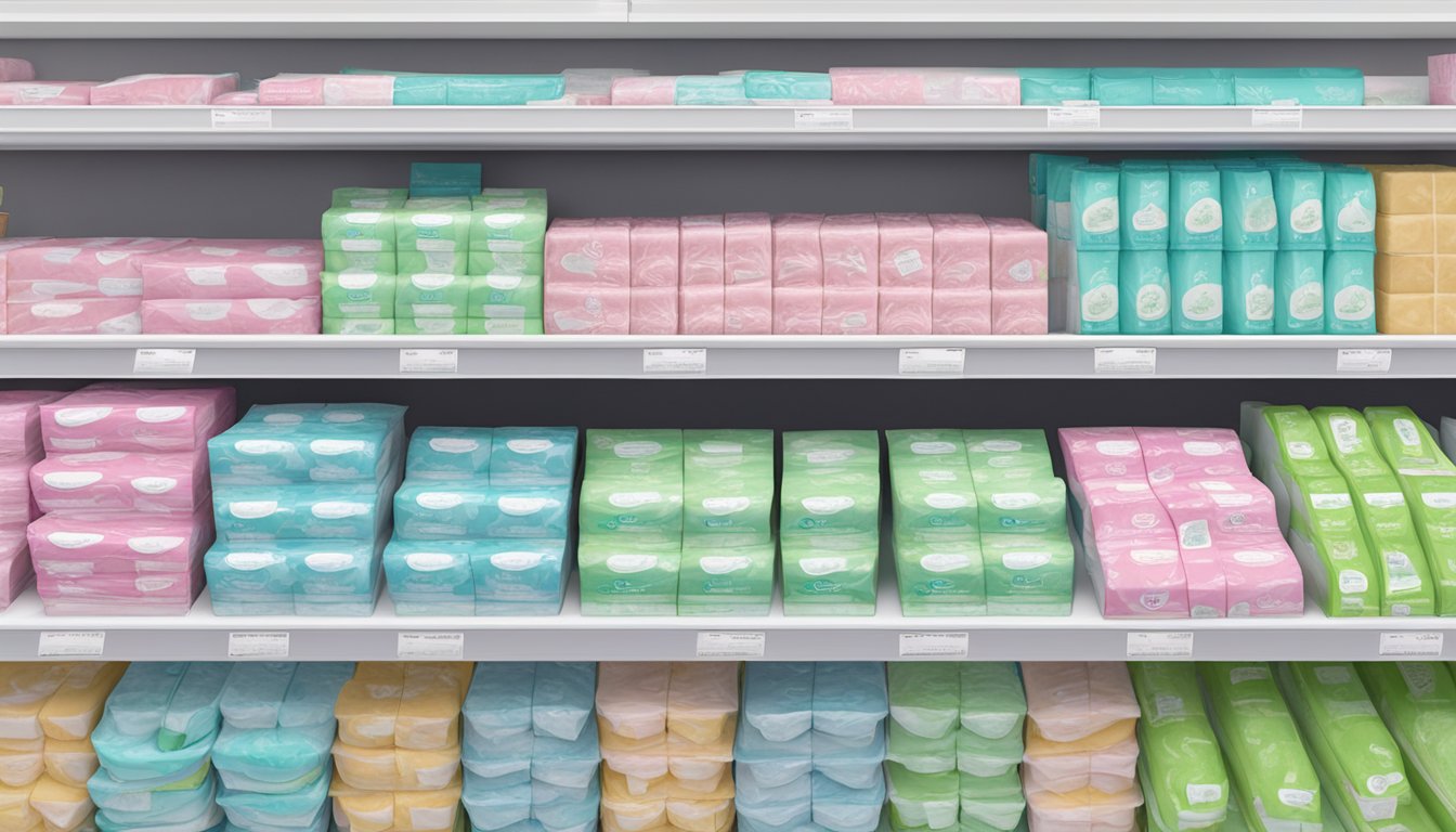 A display of Health and Safety Standards feminine care pads on a shelf at Lucky Supermarkets