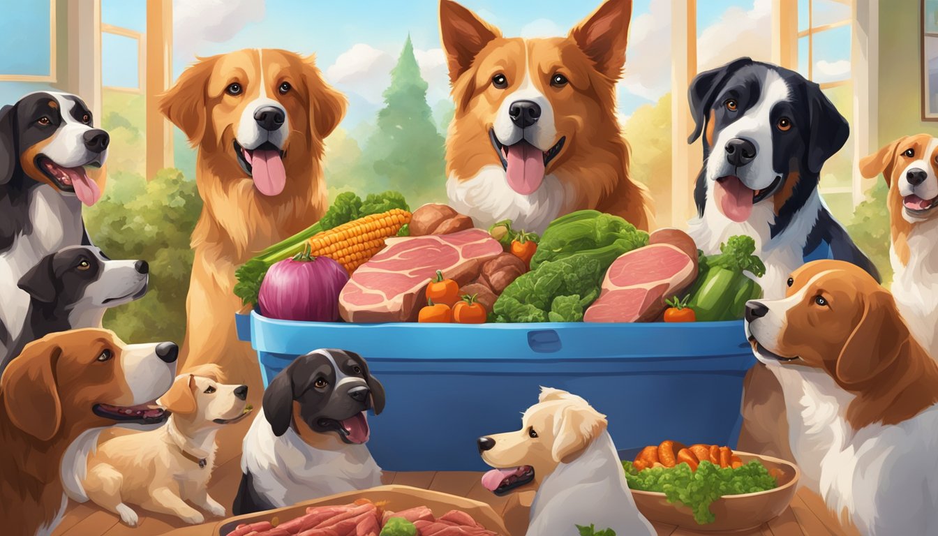 A colorful array of fresh meat, vegetables, and grains spill from a giant bag, surrounded by happy, healthy dogs eagerly awaiting their meal