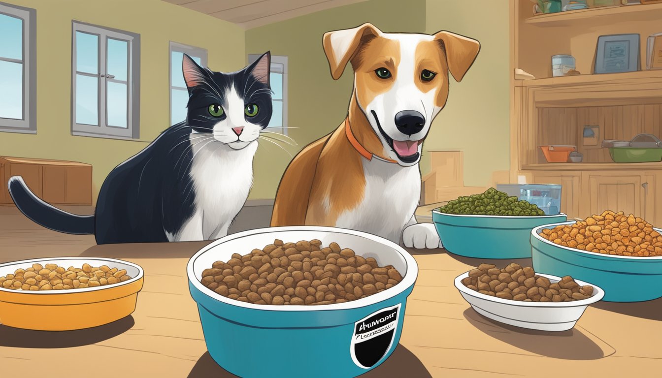 A dog happily eating Hannaford dog food while a cat looks on