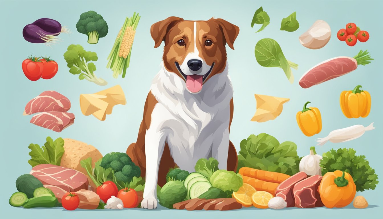 A happy, energetic dog with a shiny coat and bright eyes, surrounded by a variety of fresh, wholesome ingredients such as meat, vegetables, and grains