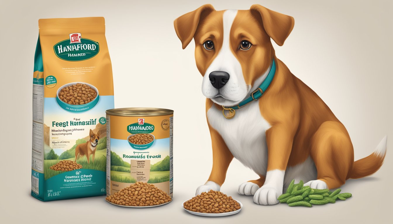 A dog standing next to a bowl of Hannaford dog food, with a measuring cup and feeding guidelines visible on the packaging