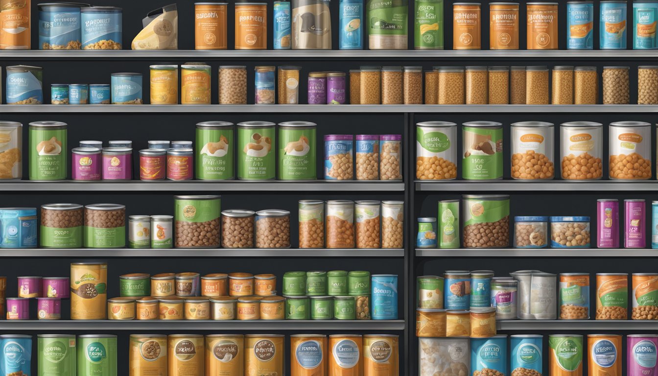 A variety of dog food cans and bags arranged on display shelves