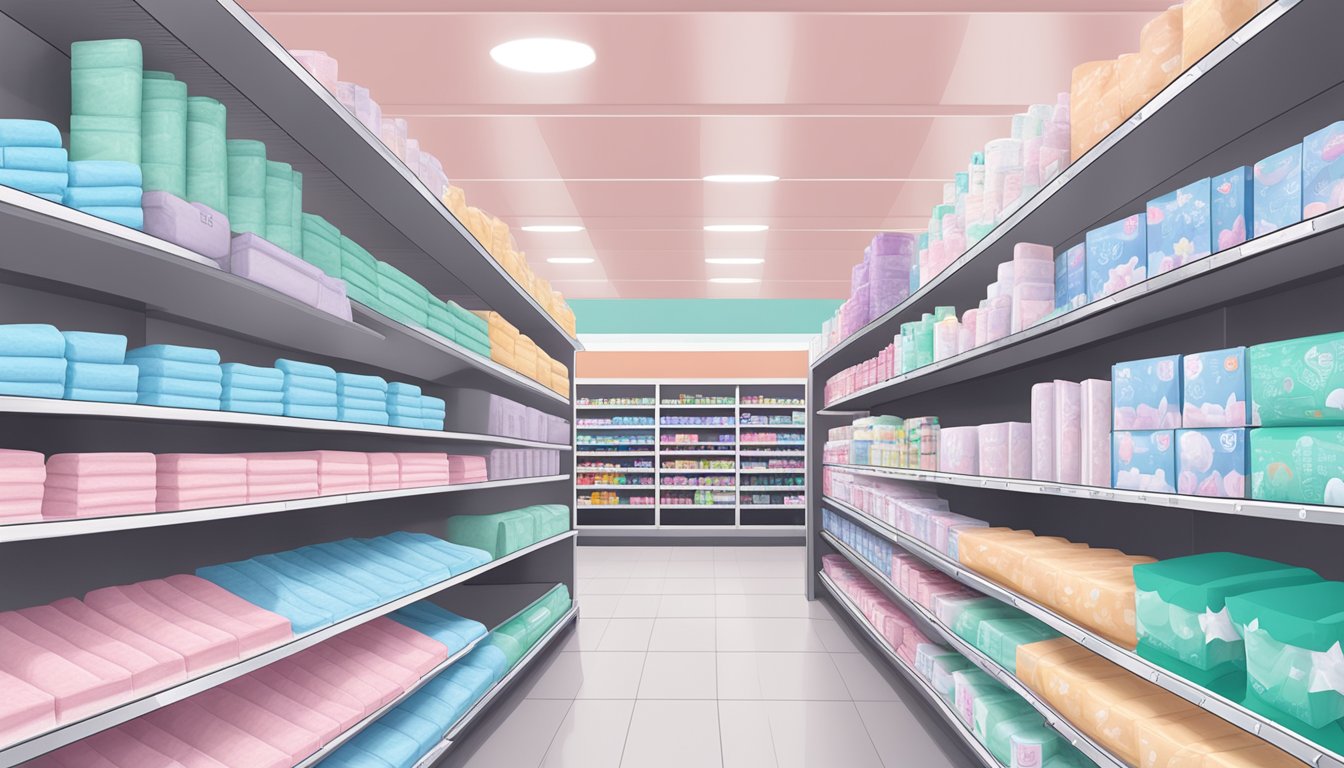 Shelves stocked with feminine care pads at Lucky Supermarkets