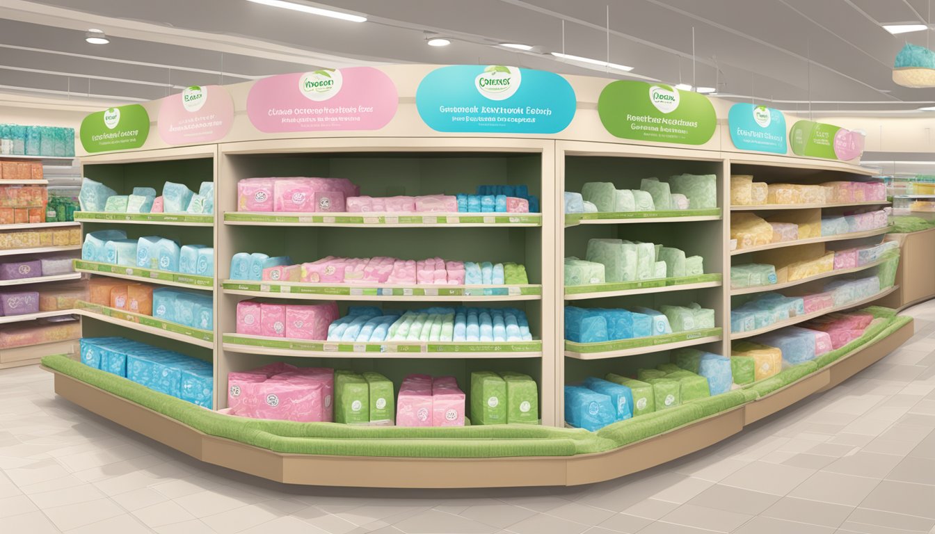 A shelf in Lucky Supermarkets displaying sustainable and eco-friendly feminine care pads