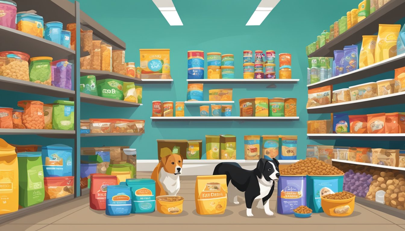 A colorful display of dog food cans and bags, surrounded by leashes, toys, and bowls, in a well-stocked pet store aisle