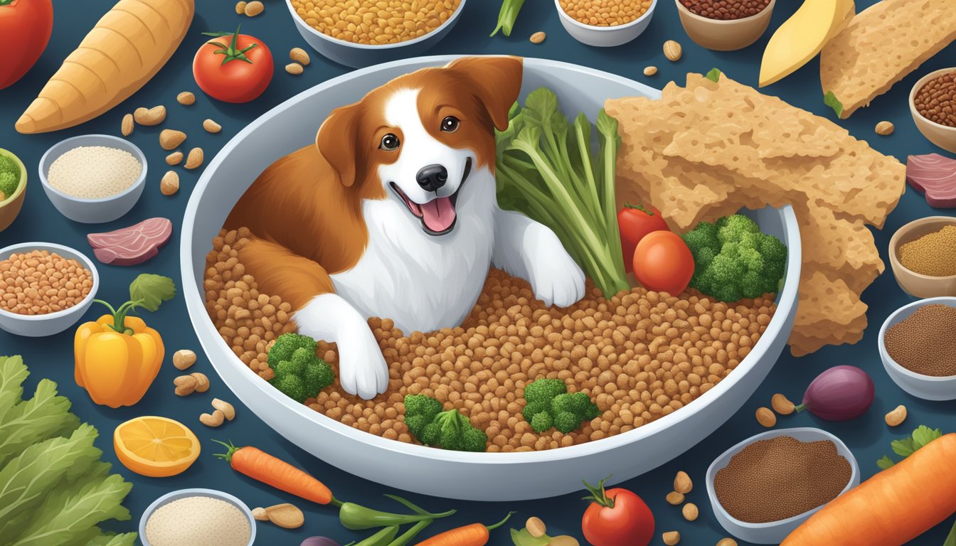 A happy dog eating giant eagle dog food from a bowl, surrounded by healthy and vibrant ingredients like meat, vegetables, and grains