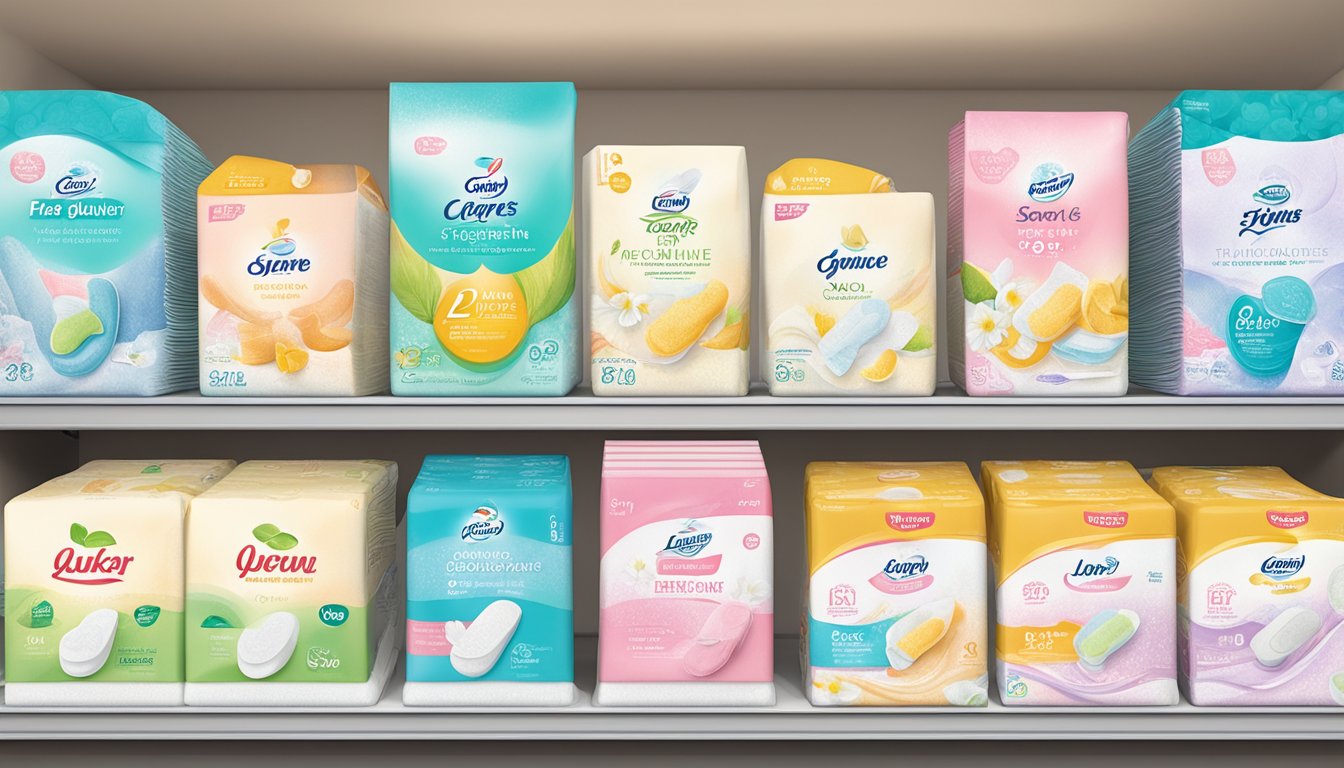 A display of feminine care pads from different brands at Lucky Supermarkets