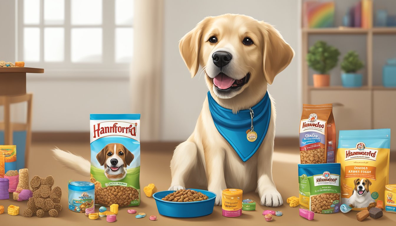 A happy dog sits next to a bowl of Hannaford dog food, surrounded by toys and a leash