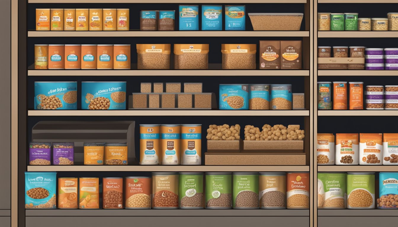 A variety of dog food options displayed on shelves at Harris Teeter, including dry kibble, canned food, and treats